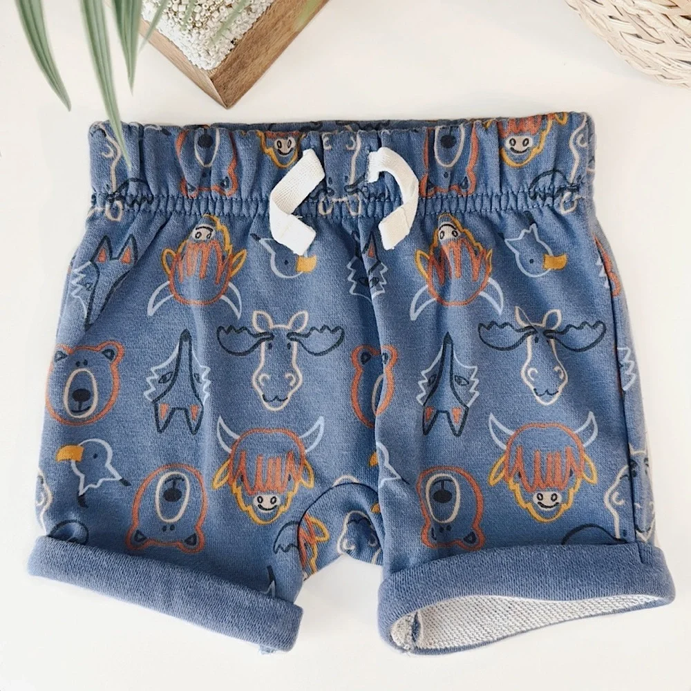 3/$15 🌸 Garanimals Baby French Terry Pull On Shorts Blue Forest Animal Print
